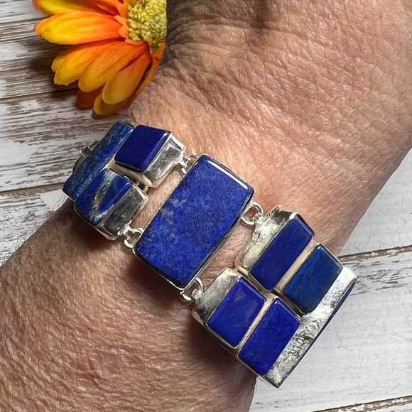 Lapis Lazuli Bracelet Handmade Stone Gemstone 925 Silver Large Ethnic Boho New! - Picture 13 of 15
